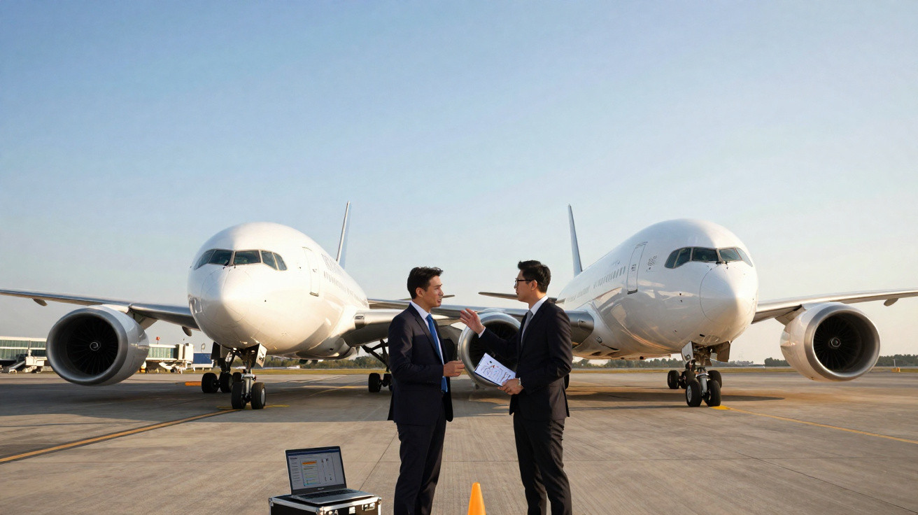 Deux hommes en costume discutent sur un tarmac devant deux avions blancs stationnés au soleil.