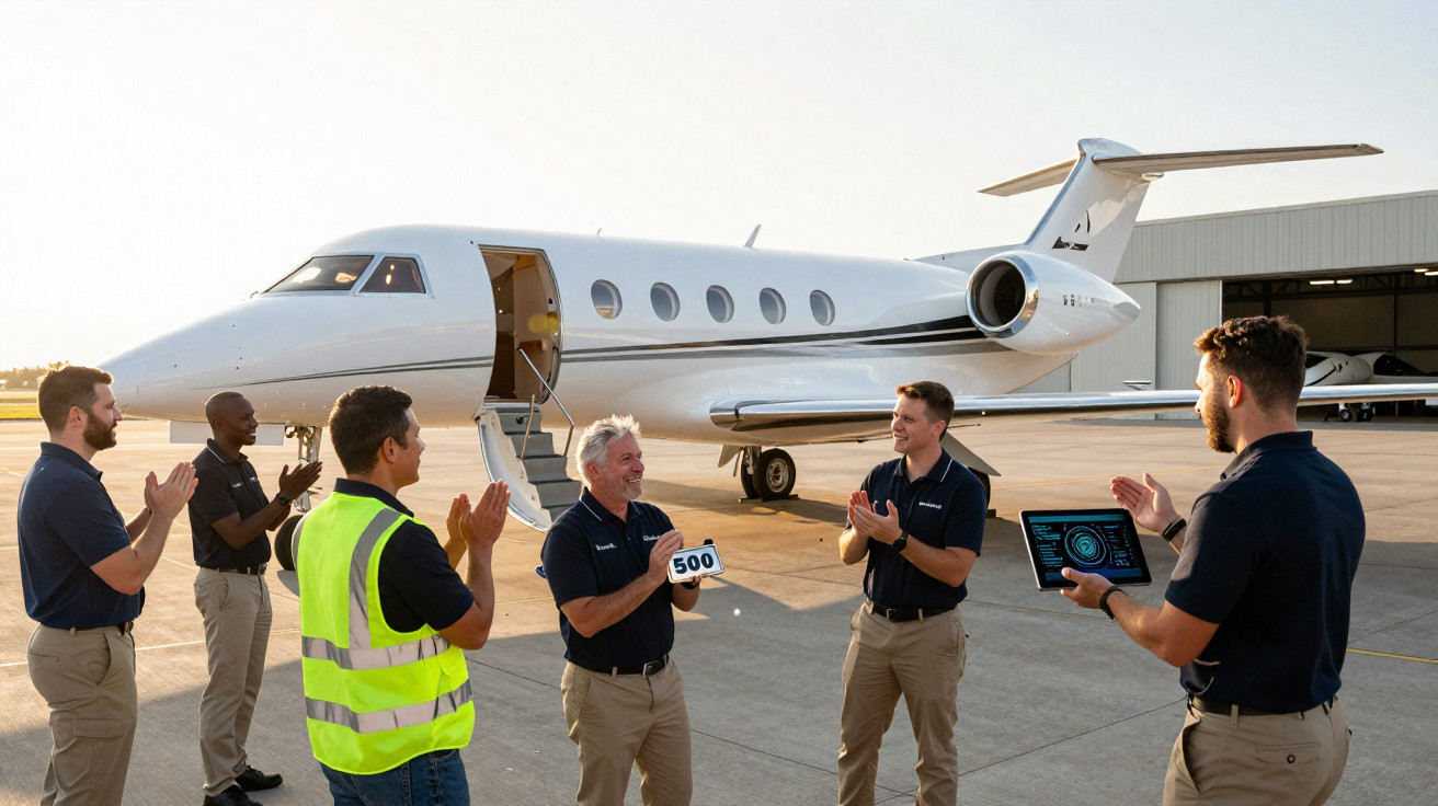 Groupe de personnes applaudissant devant un jet privé blanc sur un tarmac au coucher du soleil.