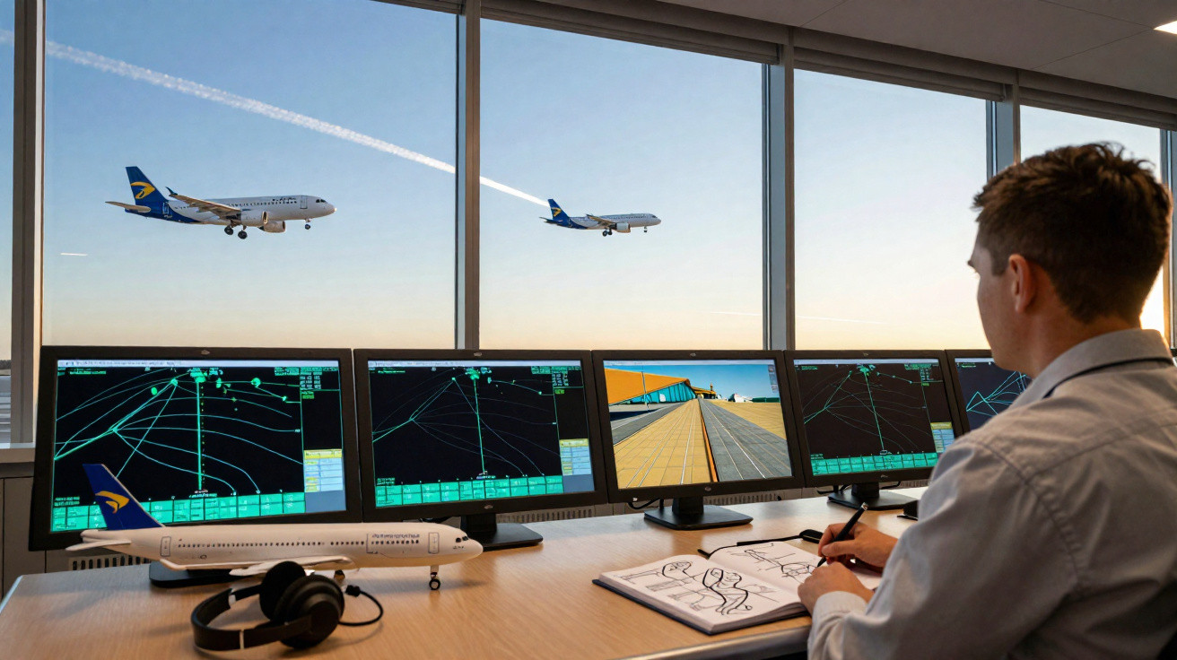 Contrôleur aérien surveillant les écrans radar avec avion en décollage visible par la fenêtre.