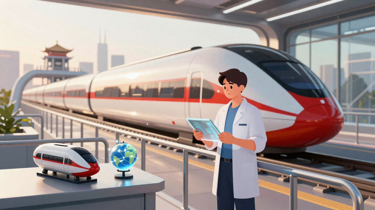 Un ingénieur avec une tablette devant un train à grande vitesse dans une gare moderne au coucher du soleil.