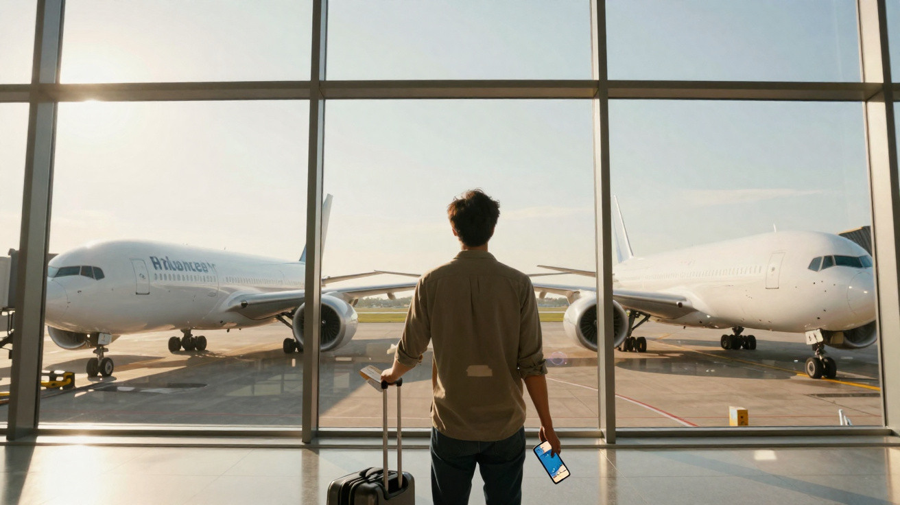 Homme debout dans un aéroport avec une valise, regardant deux avions blancs garés à l'extérieur.