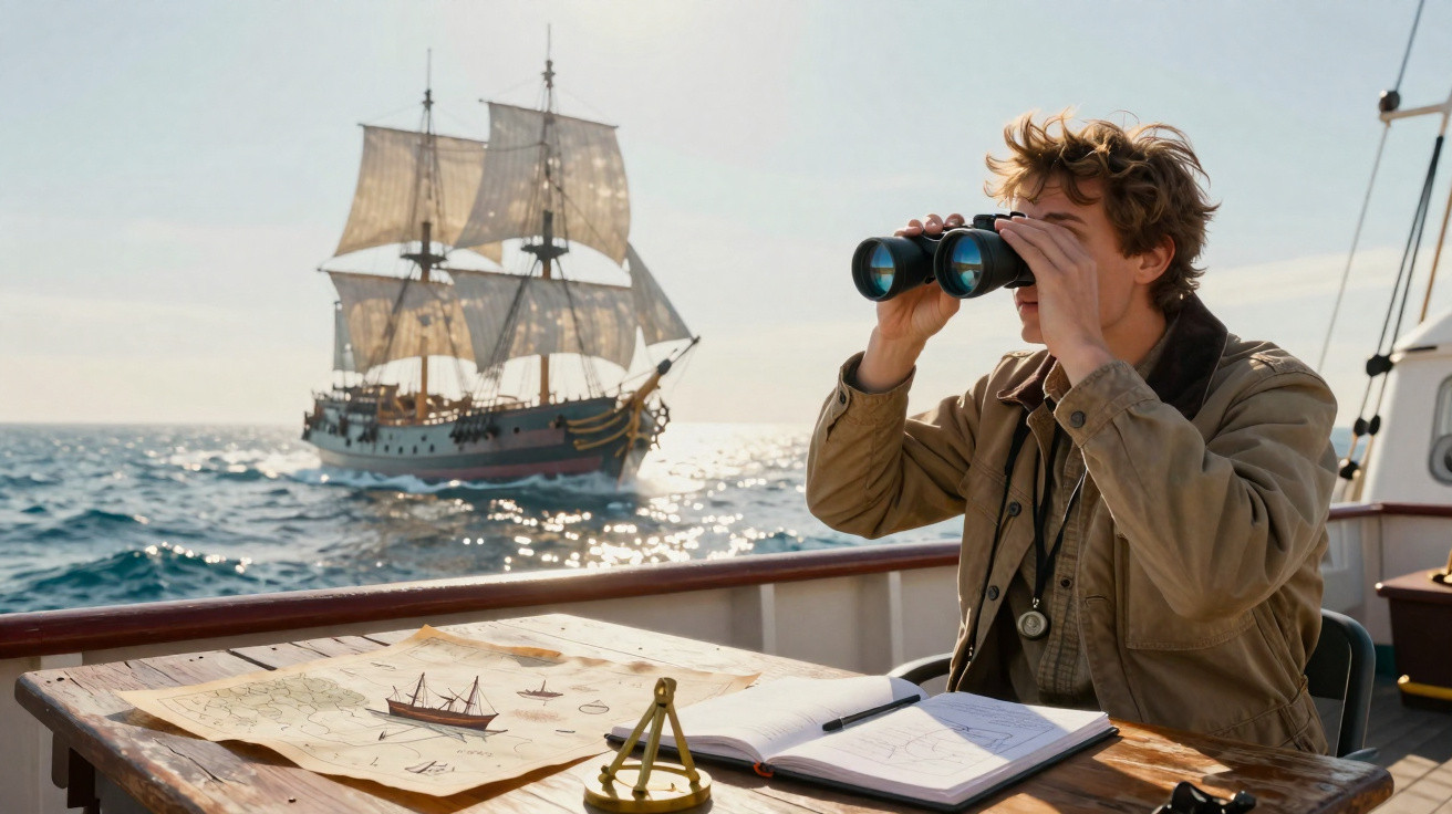 Jeune homme sur un bateau scrutant avec des jumelles un grand voilier ancien en mer au coucher du soleil.