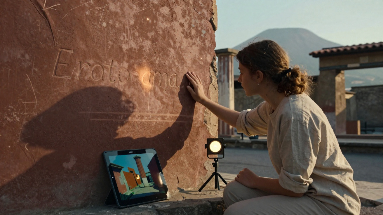 Femme touchant un mur ancien gravé, avec une tablette et une lumière sur trépied à ses côtés, au coucher du soleil.