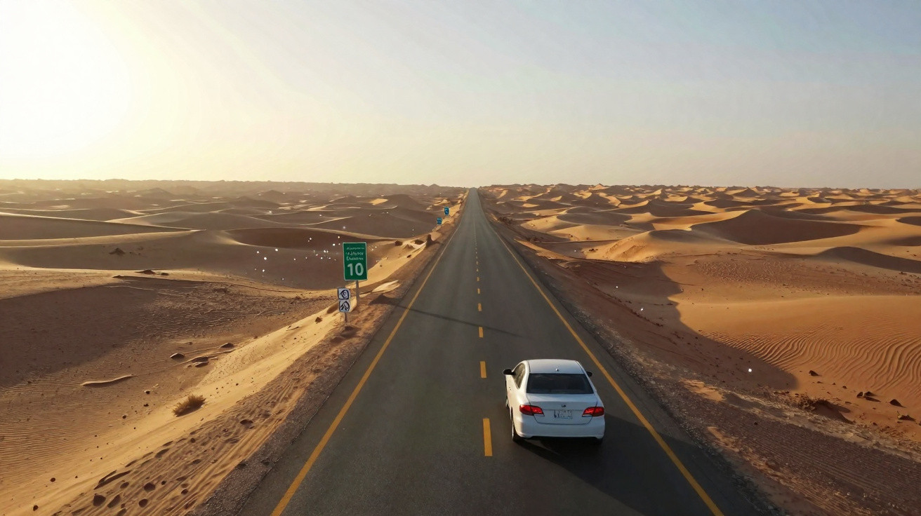 Voiture blanche roulant sur une route droite traversant un vaste désert de dunes de sable au coucher du soleil.