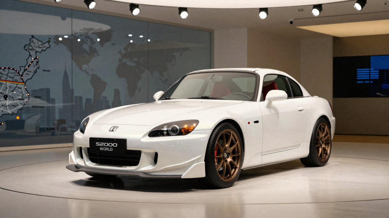Voiture de sport Honda S2000 blanche exposée en intérieur avec jantes bronze et sièges rouges.