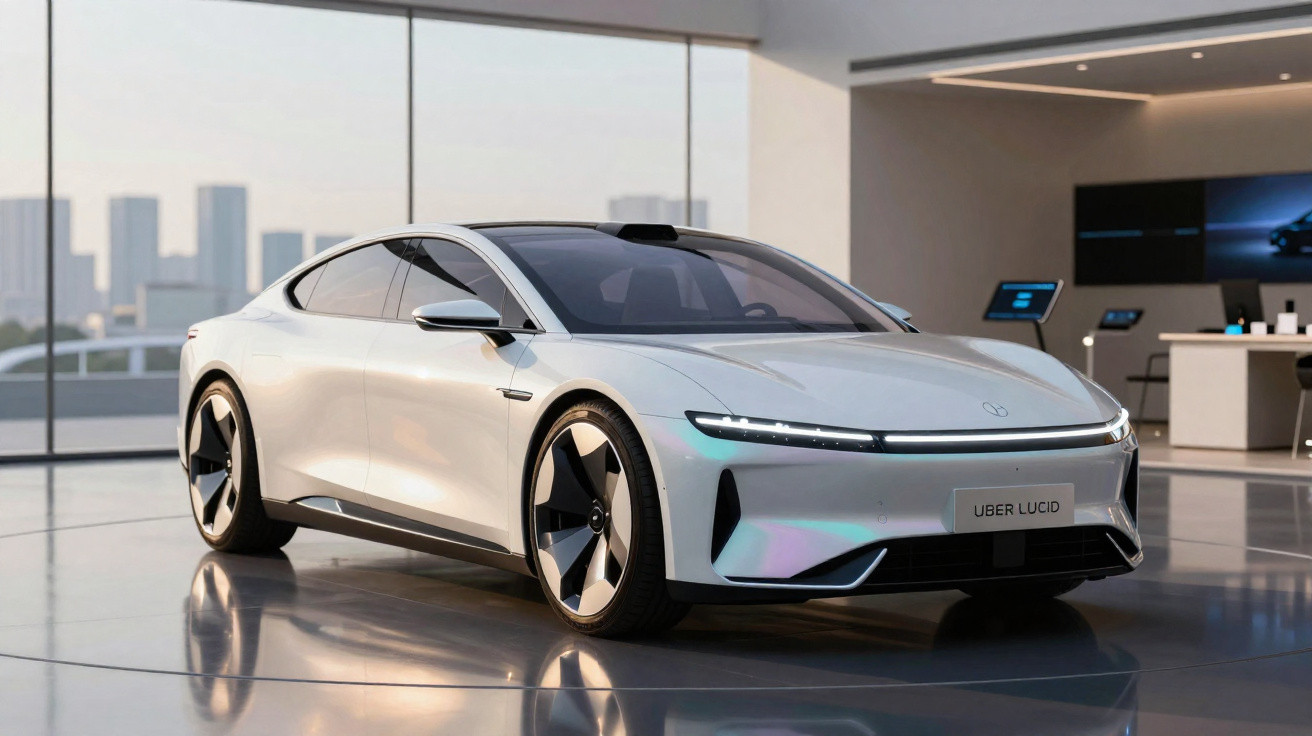 Voiture électrique blanc nacré Lucid Air dans un showroom moderne avec grandes fenêtres et sol brillant.