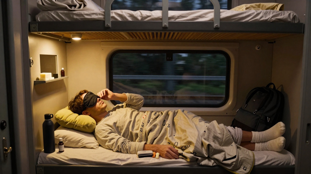 Homme allongé sur couchette de train, portant un masque de sommeil, avec bouteille et médicaments à côté.