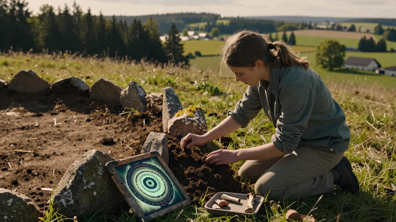 Jeune fille creusant la terre en plein air près de pierres, avec tablette affichant un motif circulaire.