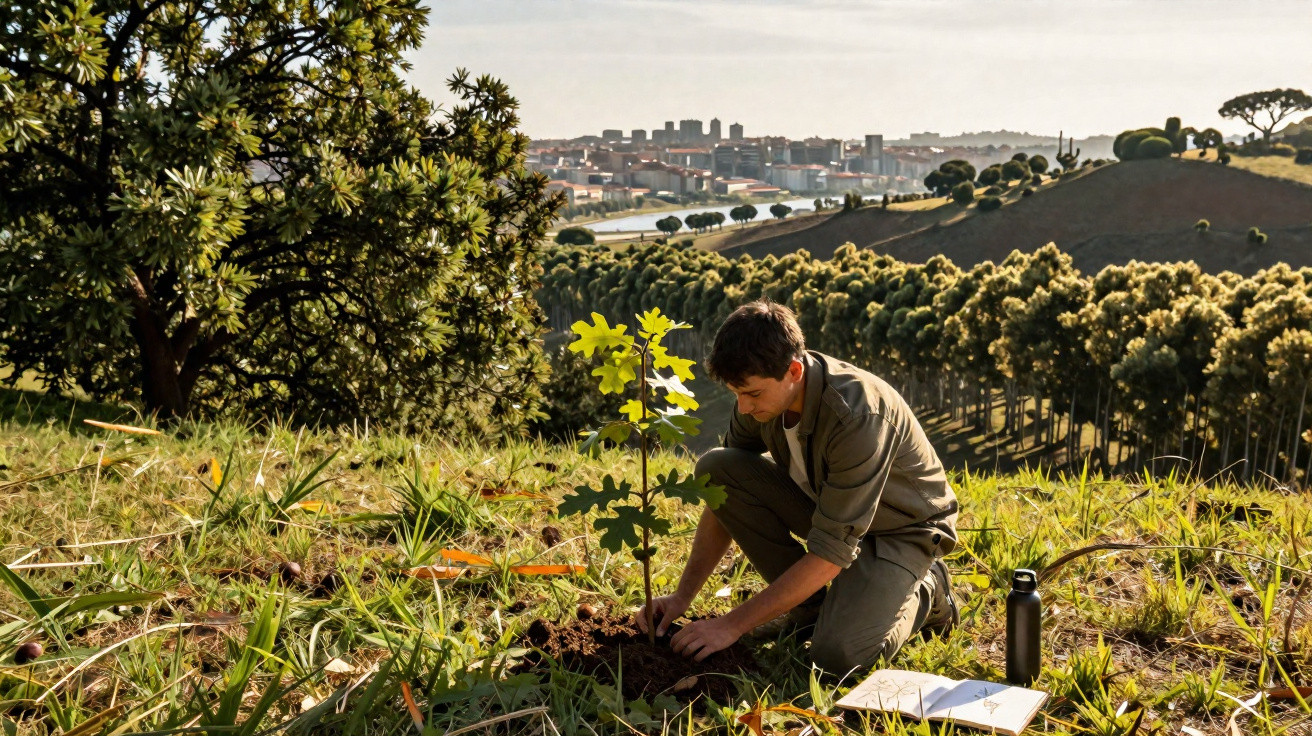Homme plantant un jeune arbre dans une zone boisée avec une ville en arrière-plan sous un ciel clair.