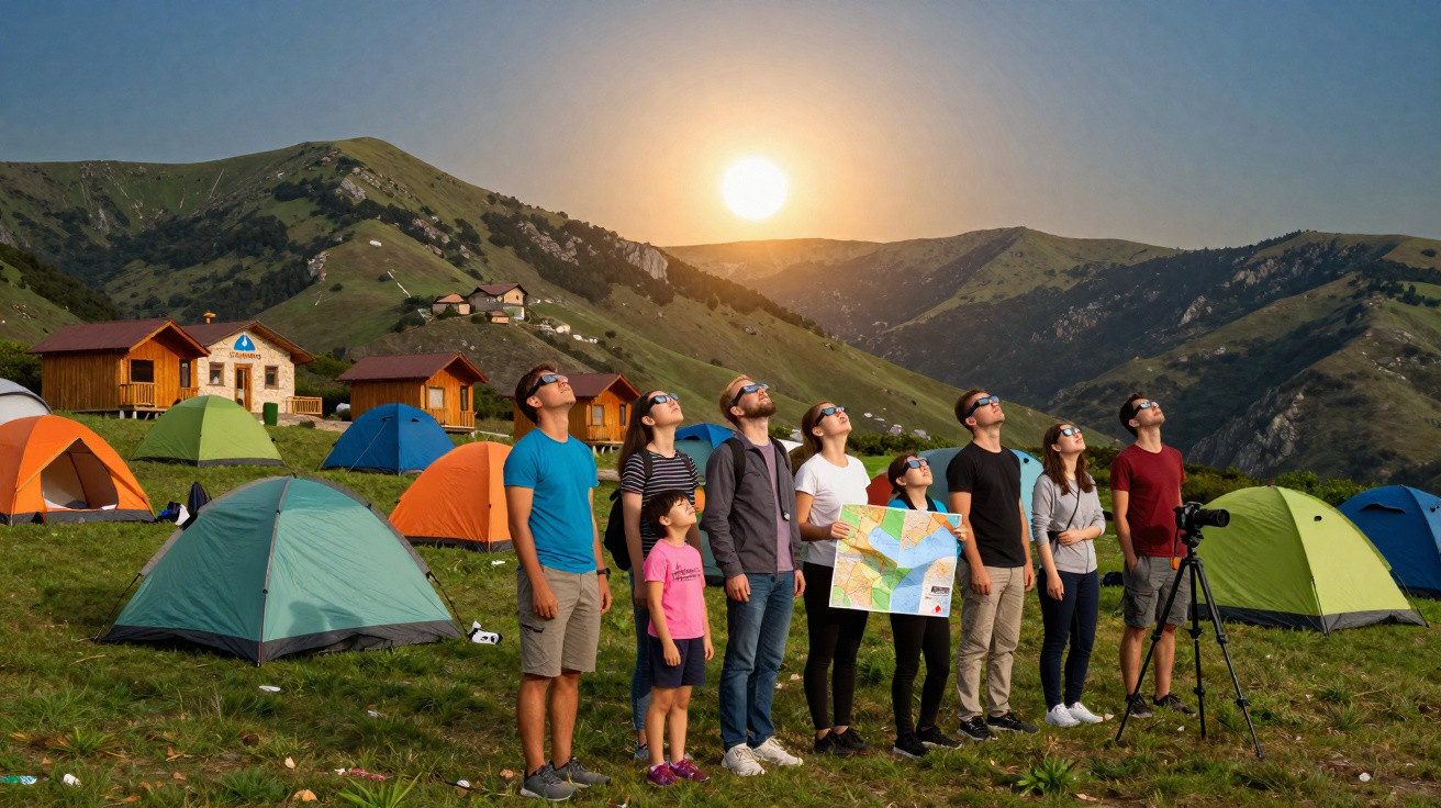 Groupe de personnes en camping en montagne observant une éclipse solaire avec lunettes spéciales.