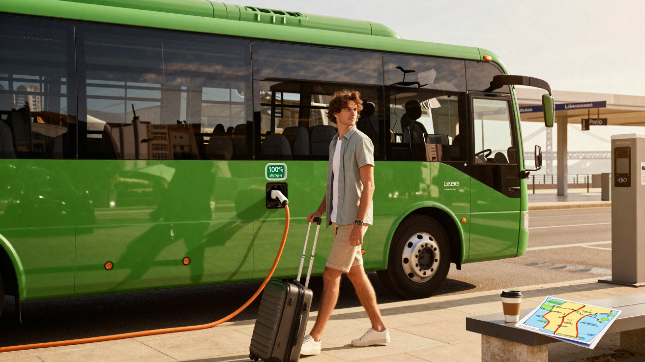 Jeune homme avec valise marchant près d’un bus électrique vert en recharge à l’arrêt.