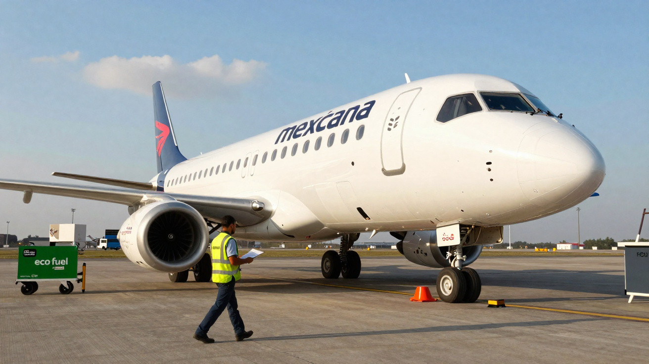 Avion Mexicana à l'arrêt sur le tarmac avec un employé en gilet jaune effectuant une inspection.