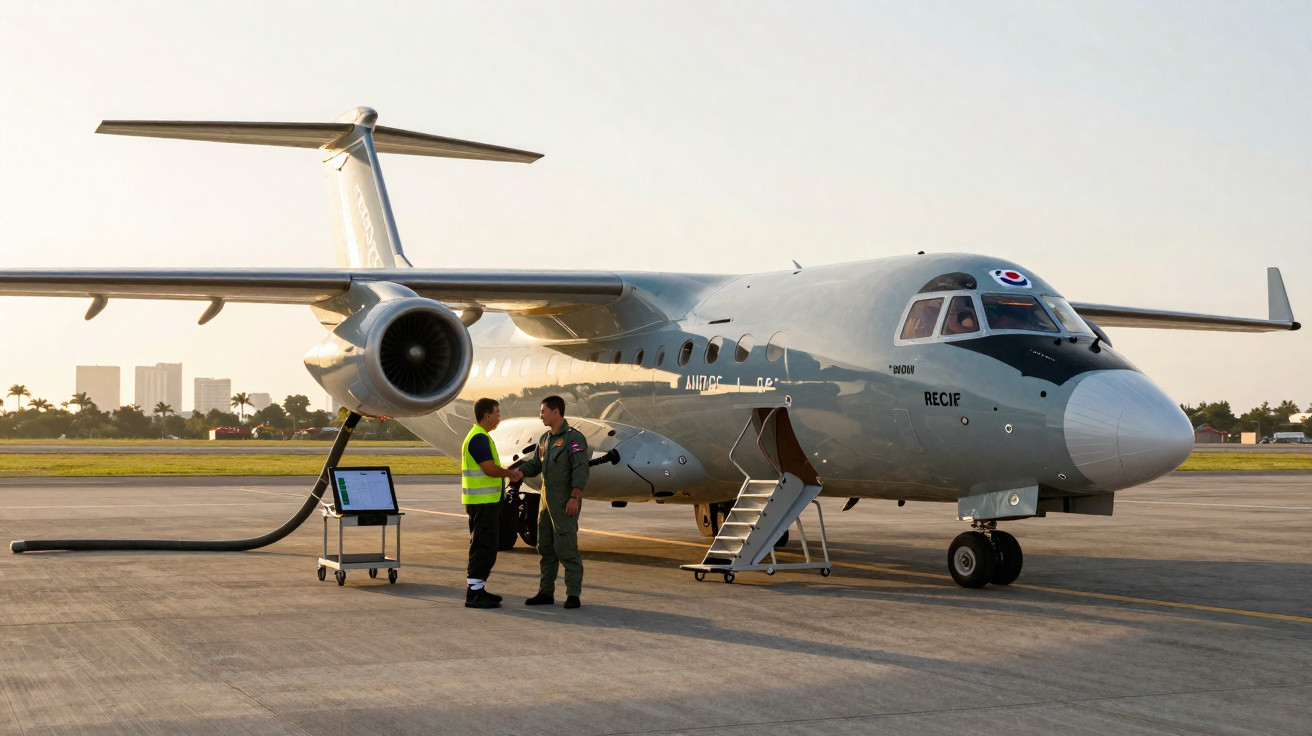Avion militaire au sol avec deux hommes en tenue discutant près de l'escalier d'embarquement au coucher du soleil.