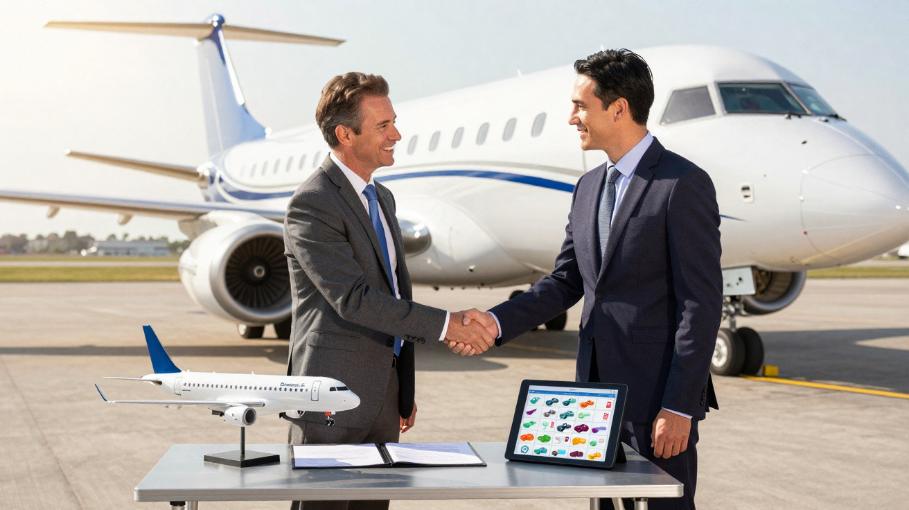 Deux hommes en costume se serrent la main devant un jet privé avec une maquette d'avion sur une table.