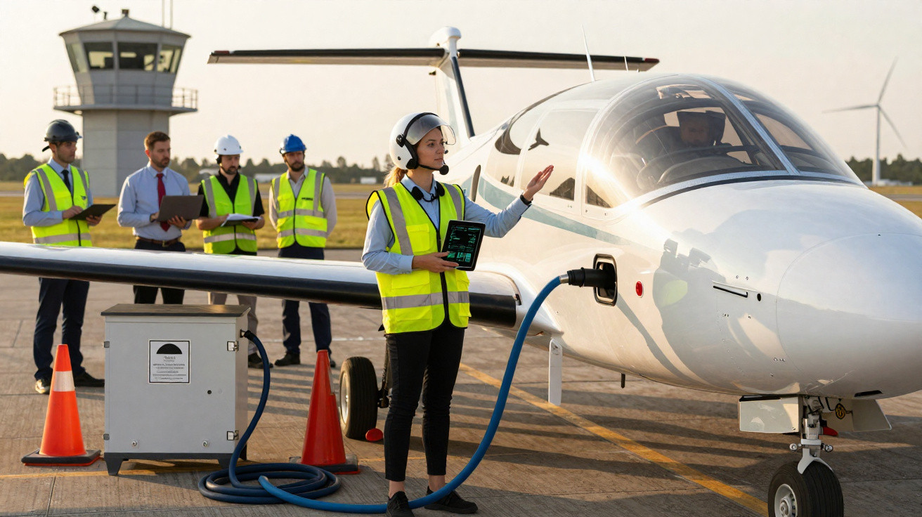 Technicienne en gilet réfléchissant vérifiant une avion électrique en recharge sur piste avec équipe et tour de contrôle.