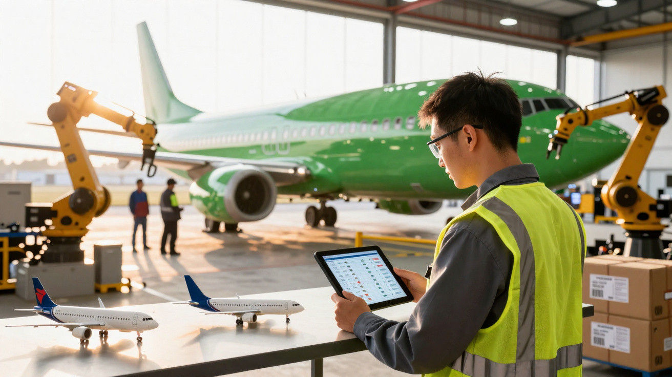 Technicien en gilet réfléchissant utilisant une tablette devant un avion vert en hangar avec modèles réduits et robots indust