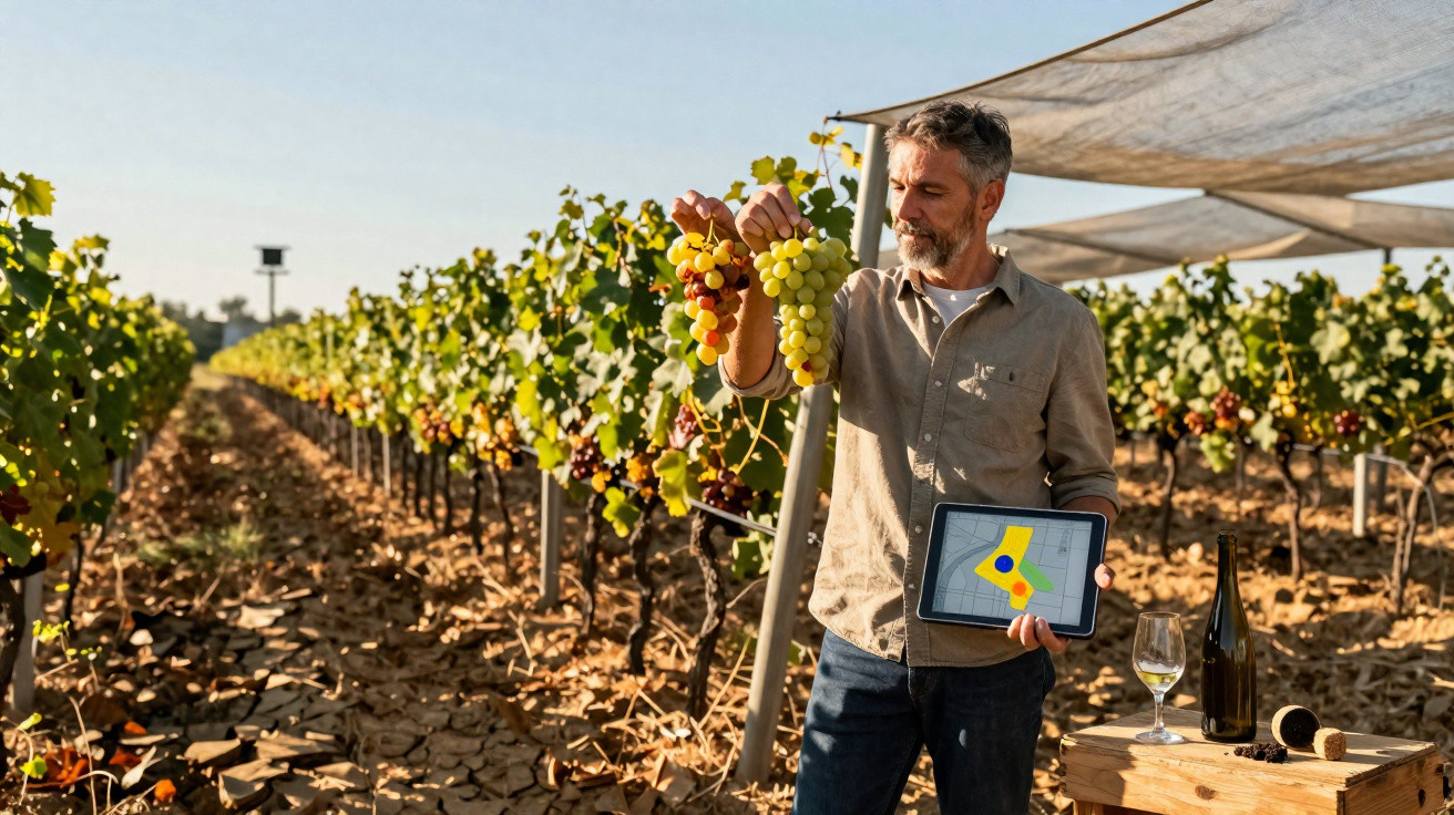 Vigneron dans un vignoble tenant des raisins et une tablette montrant une carte de culture.