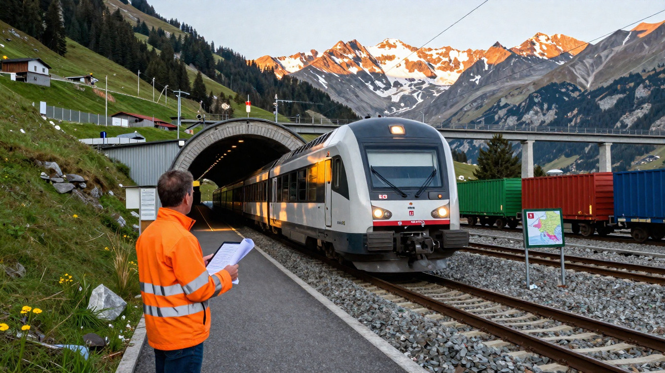 Homme en gilet orange observe un train arrivant dans un tunnel en montagne au coucher du soleil.