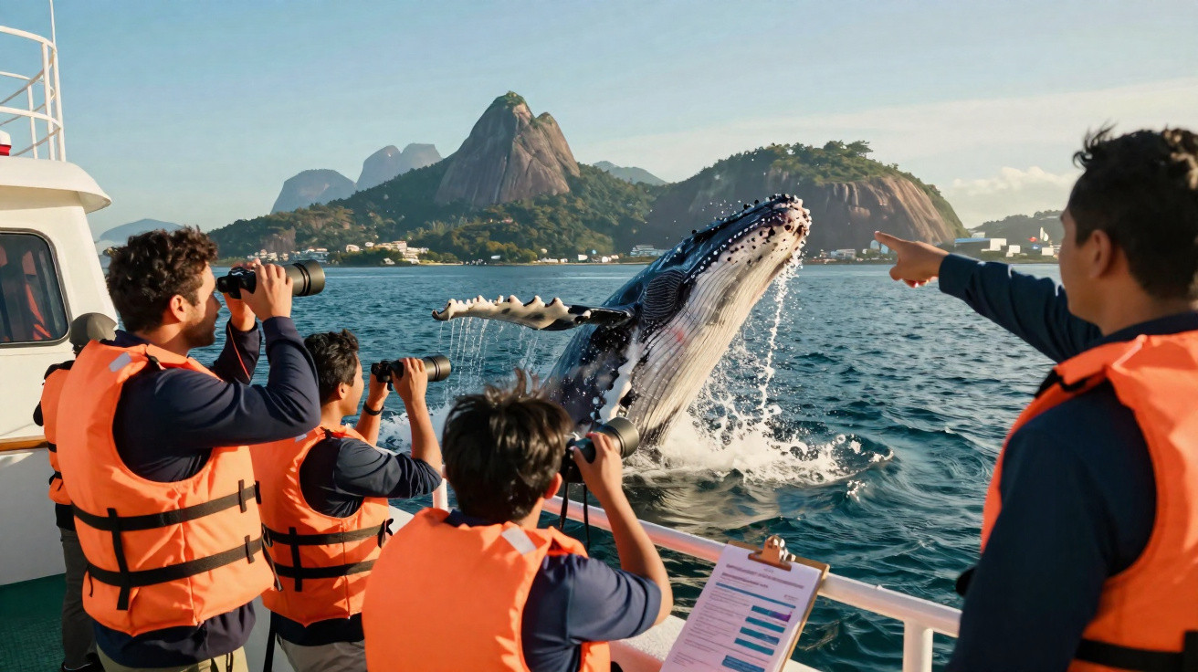 Personnes en gilets orange sur un bateau observant une baleine sautant près de la côte montagneuse au lever du soleil.