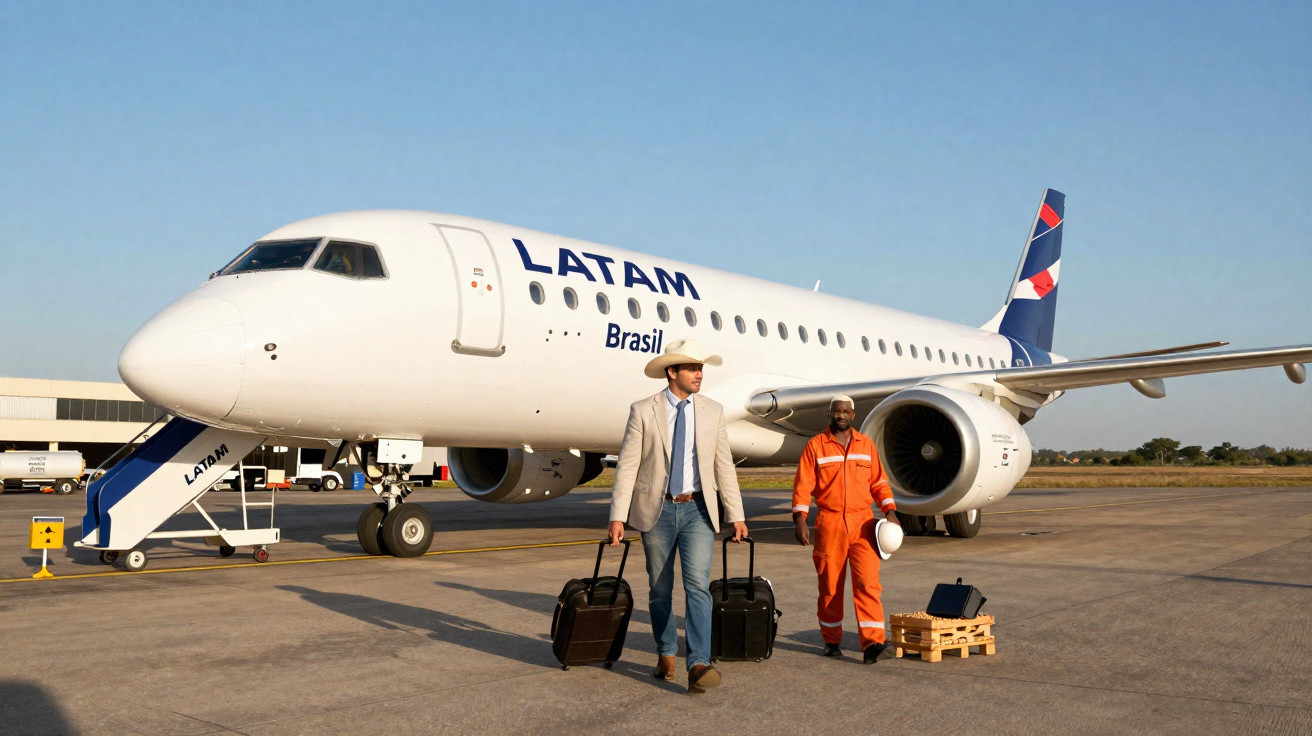 Avion LATAM Brasil au sol, deux hommes avec valises et tenue de travail sur le tarmac par ciel clair.