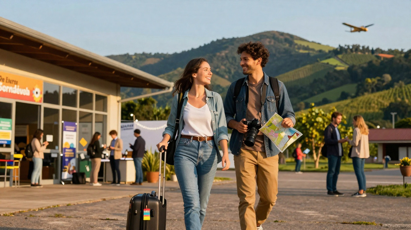 Jeune couple souriant avec valise et carte, marchant dans une zone aéroportuaire en plein air, paysage montagneux.