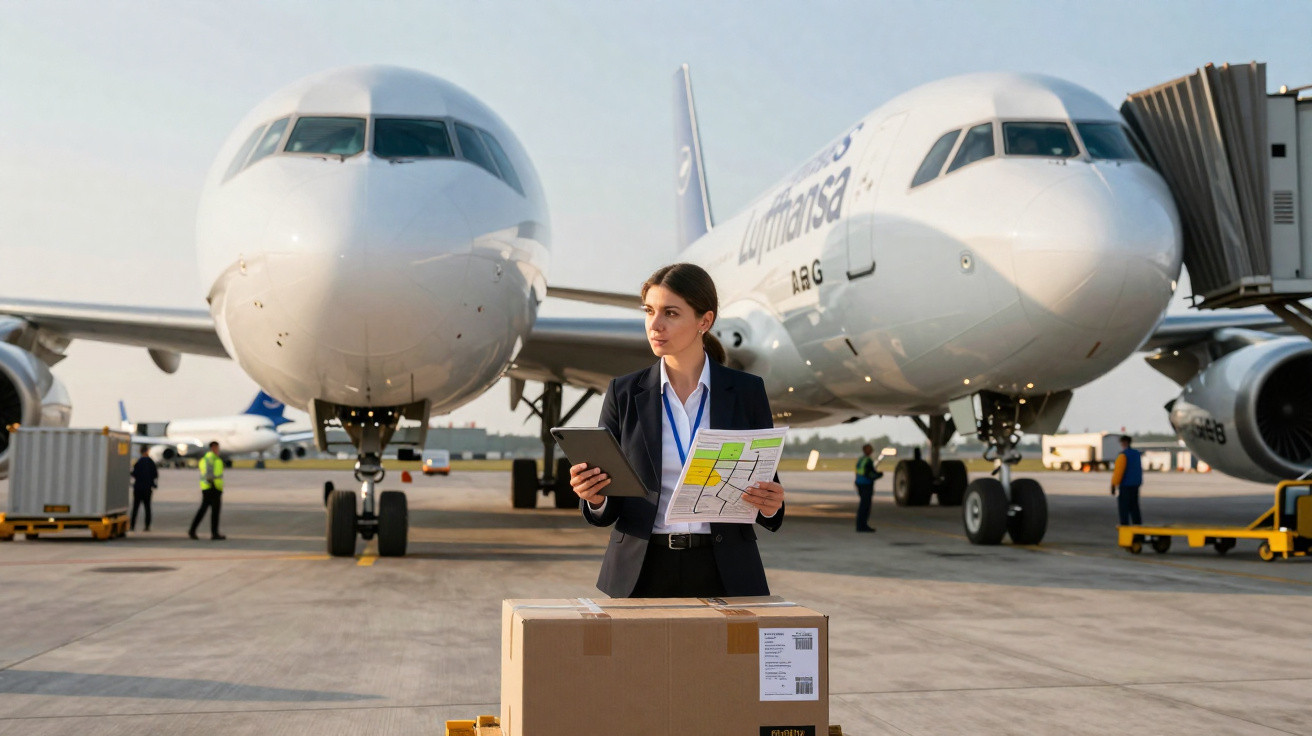 Femme en tenue professionnelle tenant une tablette et un plan devant deux avions Lufthansa sur le tarmac.