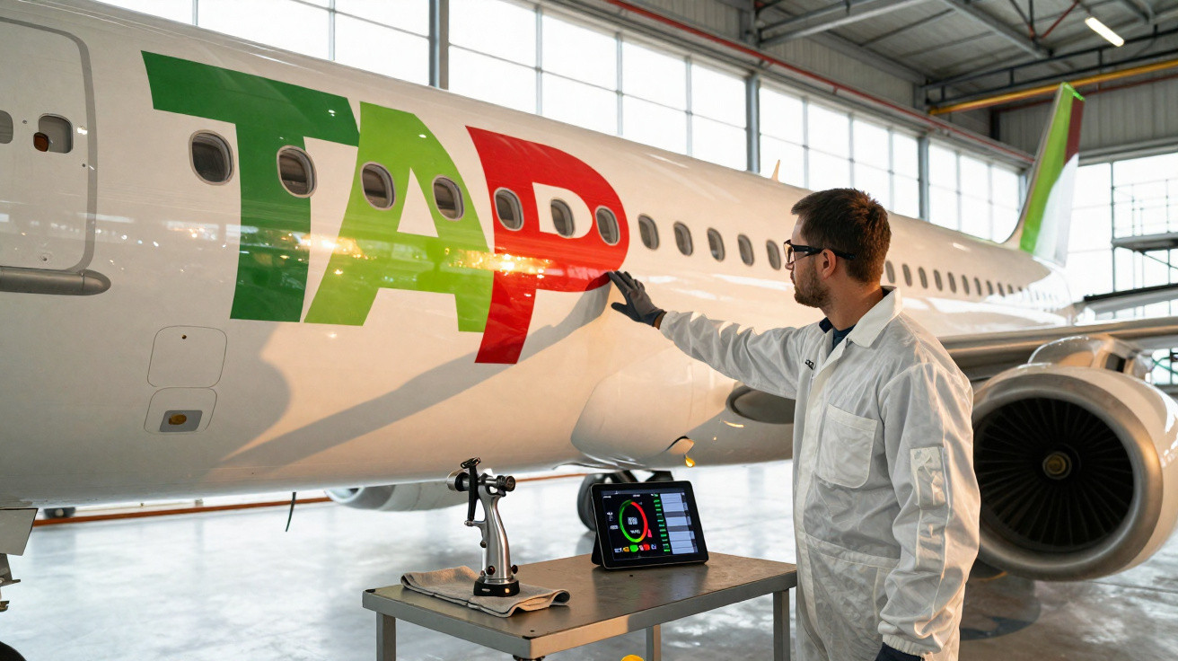 Un technicien en combinaison blanche inspecte l'avion TAP dans un hangar lumineux.