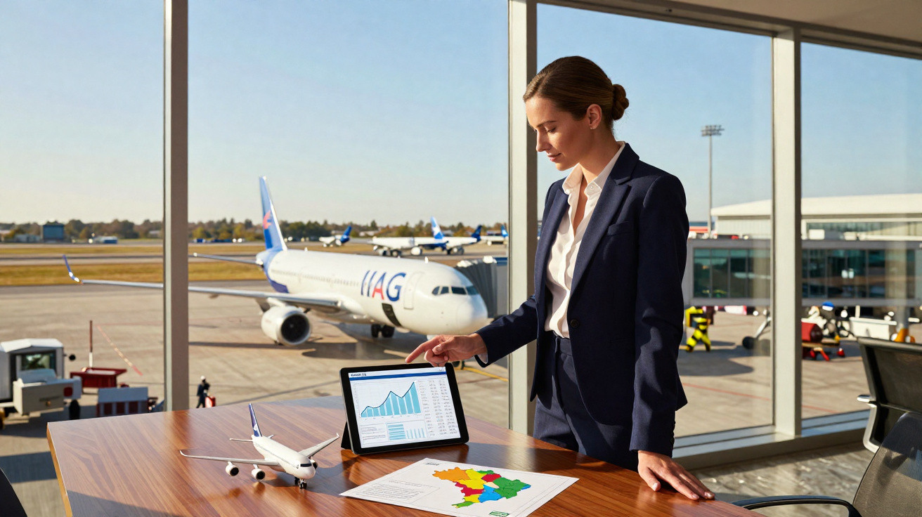 Femme en tailleur analysant des graphiques sur tablette dans un bureau avec vue sur un avion à l'aéroport.