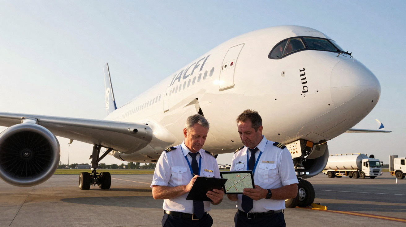 Deux pilotes en uniforme discutent devant un avion de la compagnie TACFI sur le tarmac.