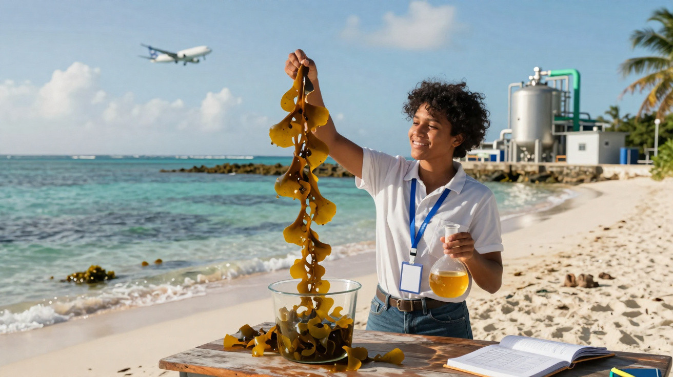Jeune scientifique sur une plage avec algues, un bécher, un carnet et un avion en arrière-plan.