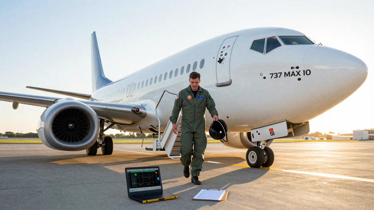 Un pilote en combinaison verte sort d’un avion 737 MAX 10 sur un tarmac au coucher de soleil.