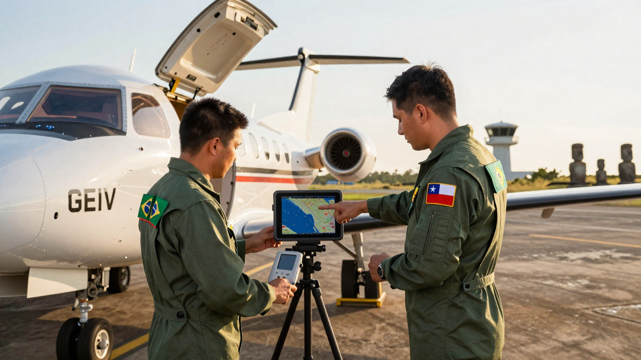 Deux aviateurs en uniforme examinent une carte sur tablette près d’un avion sur un tarmac au coucher du soleil.