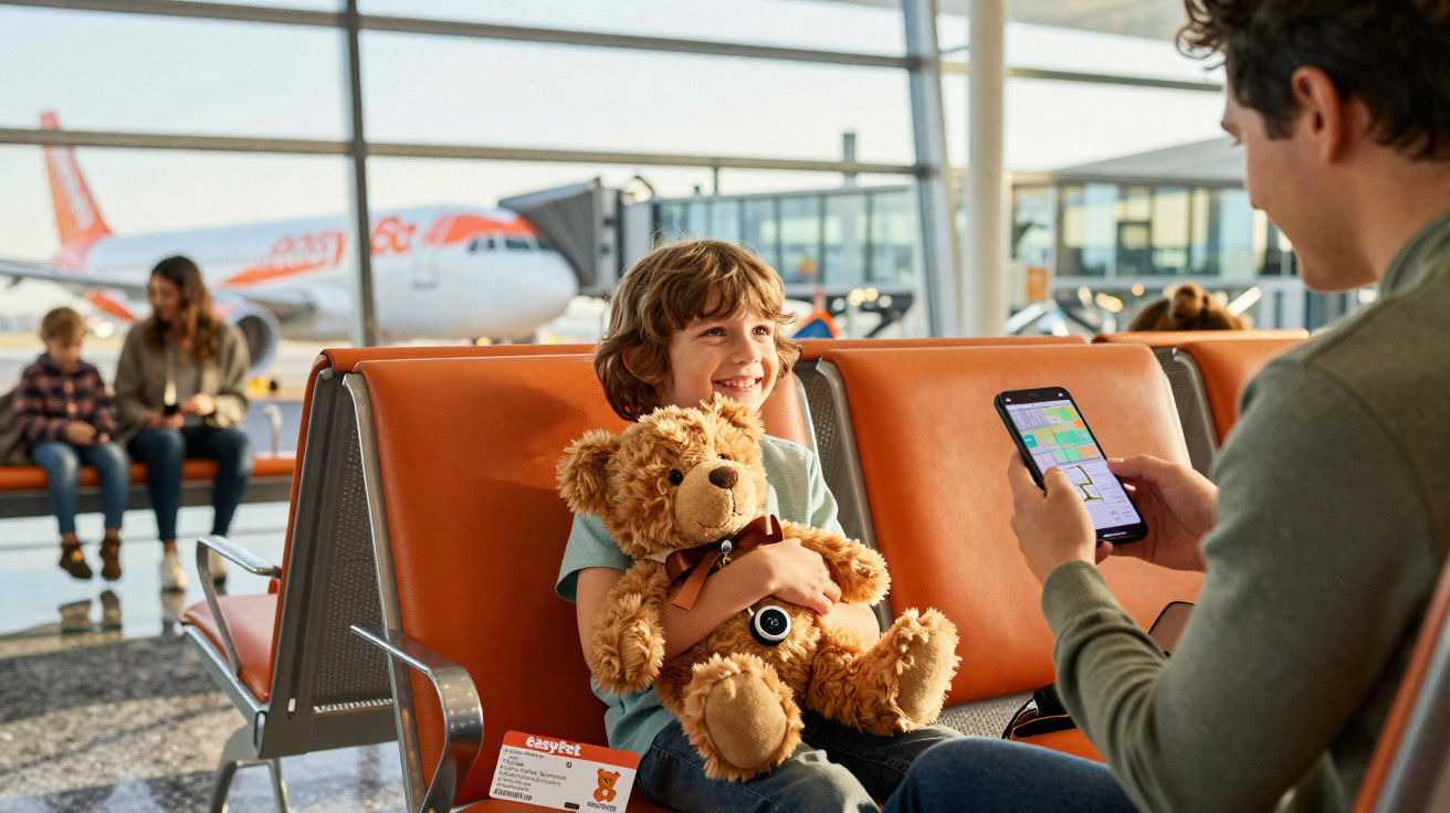 Un enfant souriant tient un ours en peluche à l’aéroport, un homme utilise un smartphone à côté.