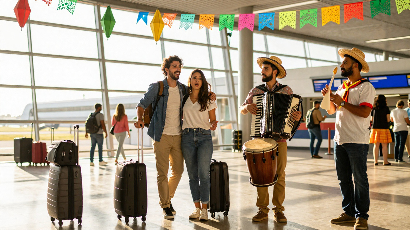 Couple avec valises écoutant des musiciens en chapeaux mexicains dans un hall d’aéroport décoré coloré.