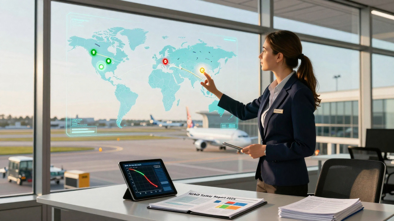 Femme en costume interagissant avec une carte monde holographique dans un bureau d'aéroport moderne.