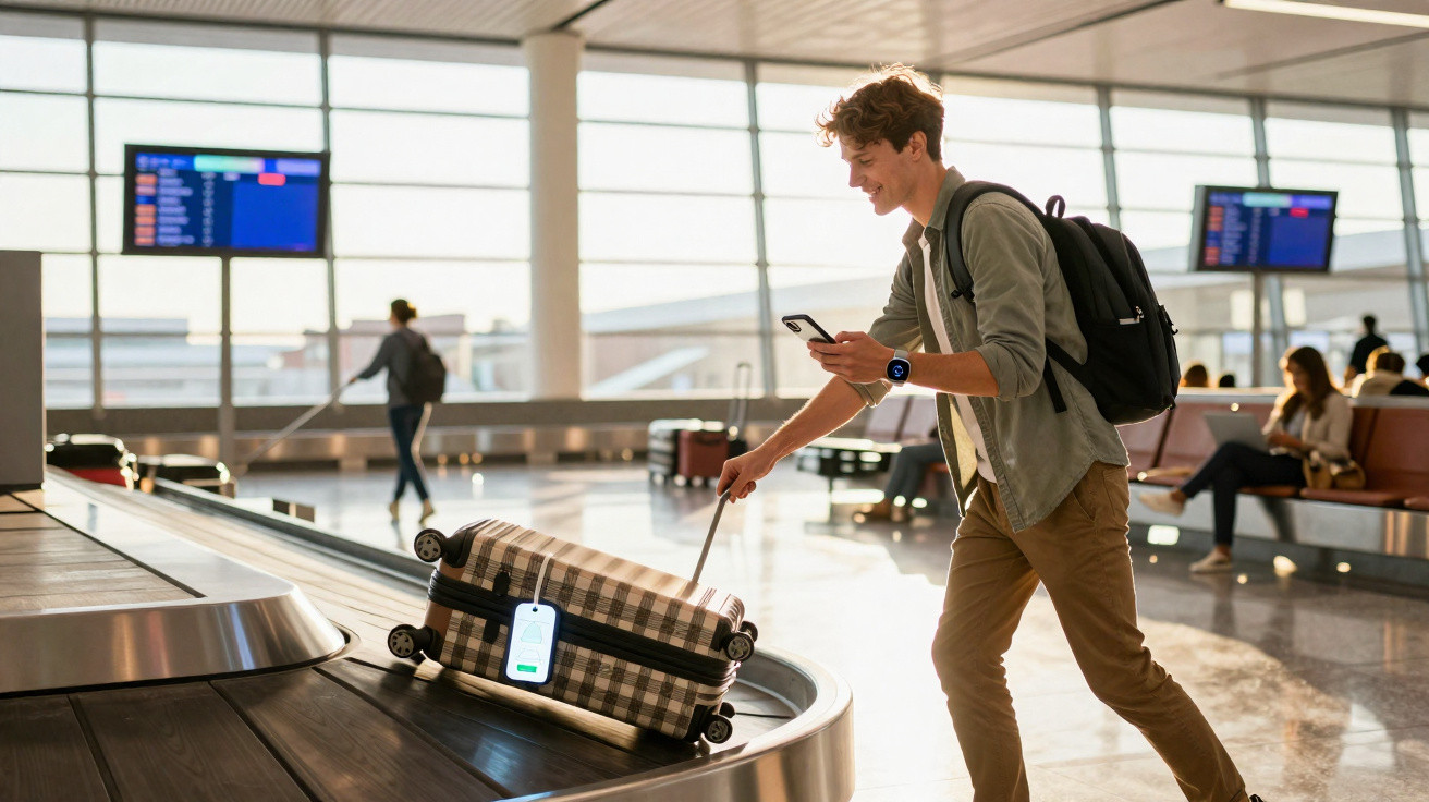 Jeune homme souriant récupérant sa valise sur un tapis roulant dans un aéroport moderne lumineux.