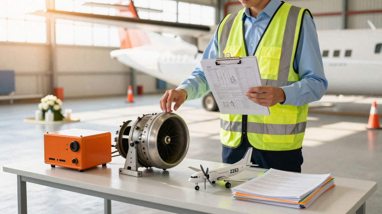 Personne en gilet jaune vérifiant une turbine d'avion et des documents dans un hangar aéronautique.