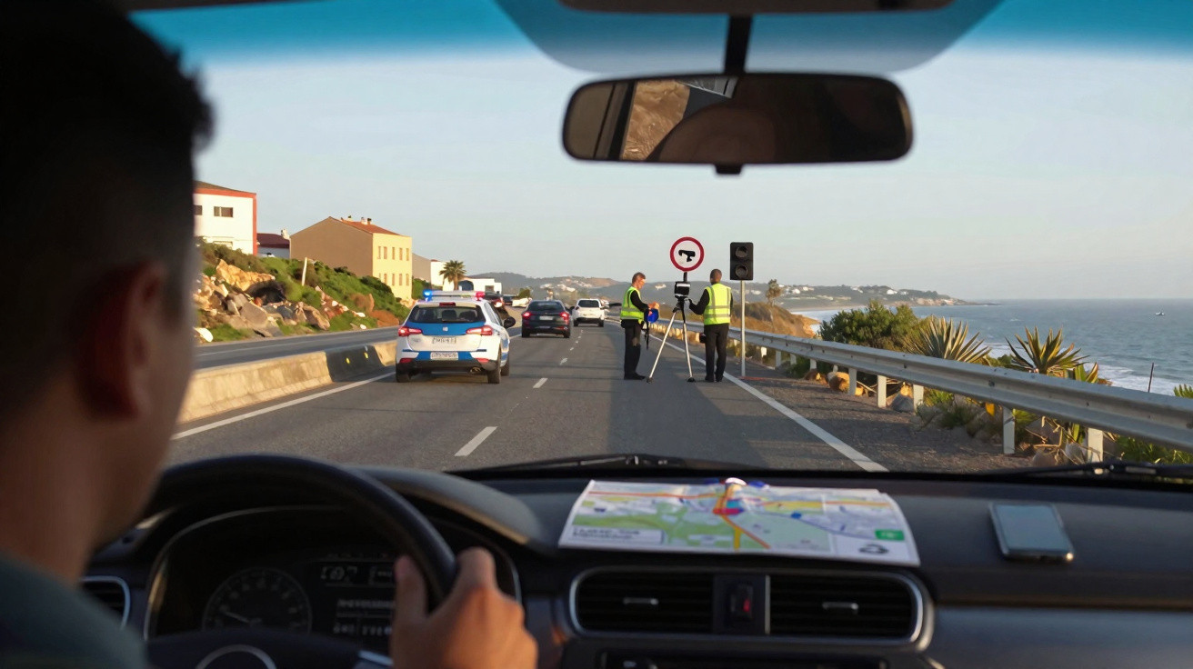 Vue depuis une voiture sur une route côtière, deux agents en gilets jaunes contrôlent le trafic devant un radar.