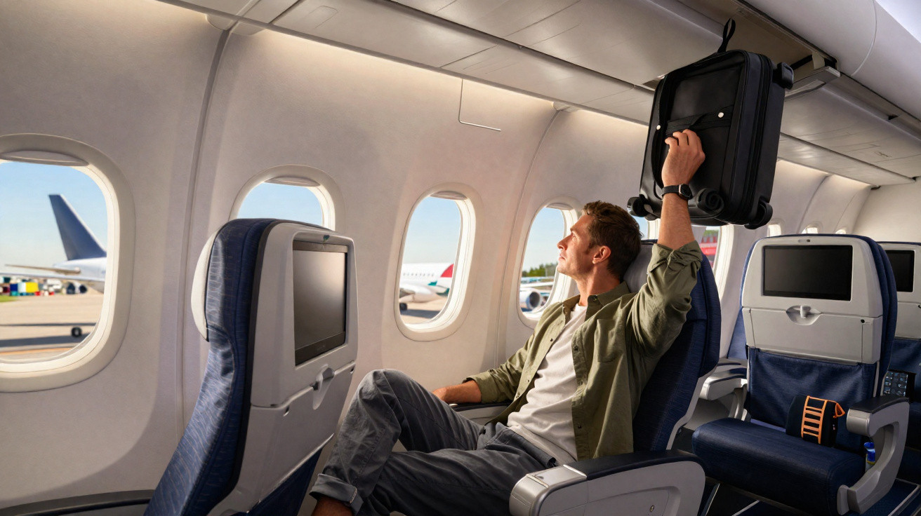 Un homme assis près d'un hublot dans un avion, rangeant sa valise dans le compartiment supérieur.