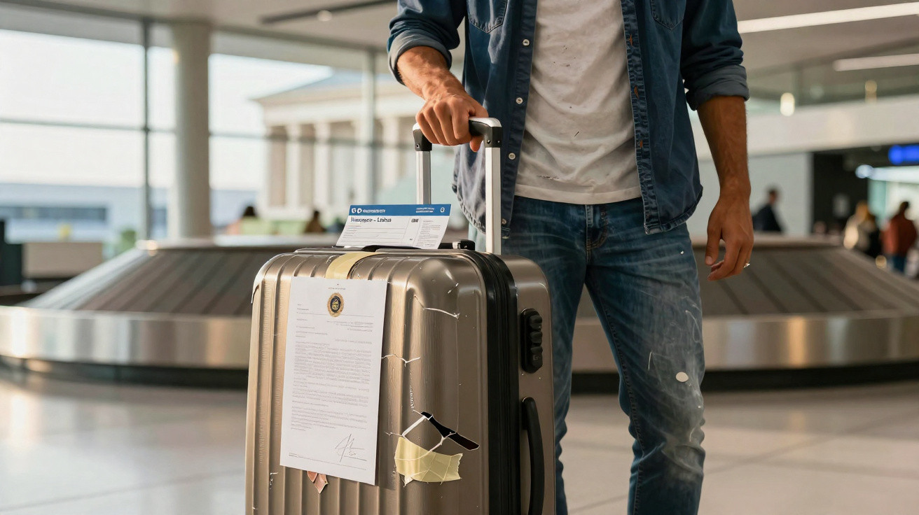 Homme à l’aéroport tenant une valise grise avec des documents attachés et un billet de vol sur la poignée.
