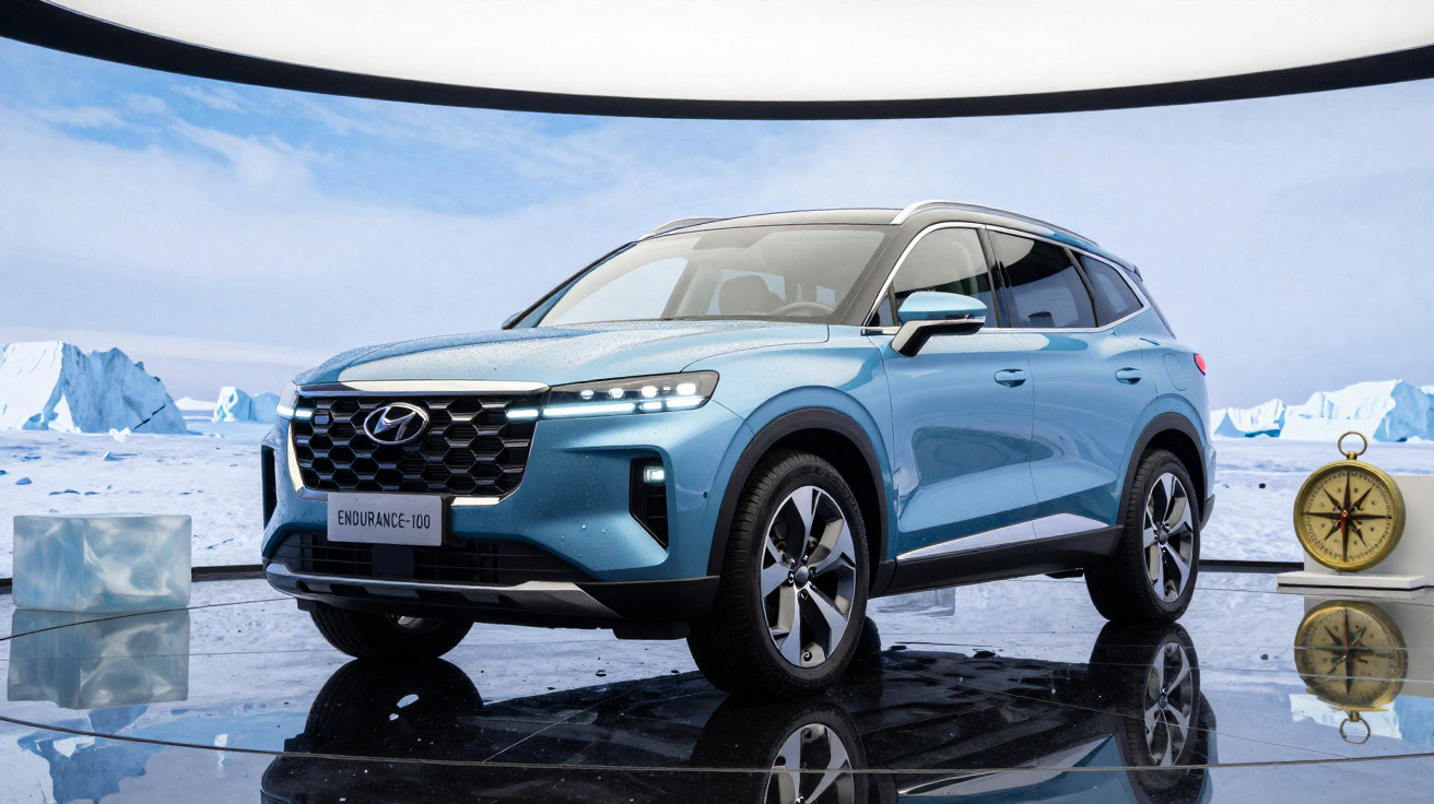 Hyundai Endurance-100 bleu exposée sur un sol brillant avec fond glacier et boussole décorative.