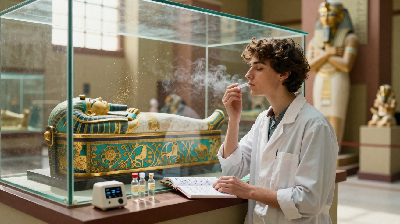 Jeune scientifique en blouse analysant une relique égyptienne sous vitrine dans un musée.