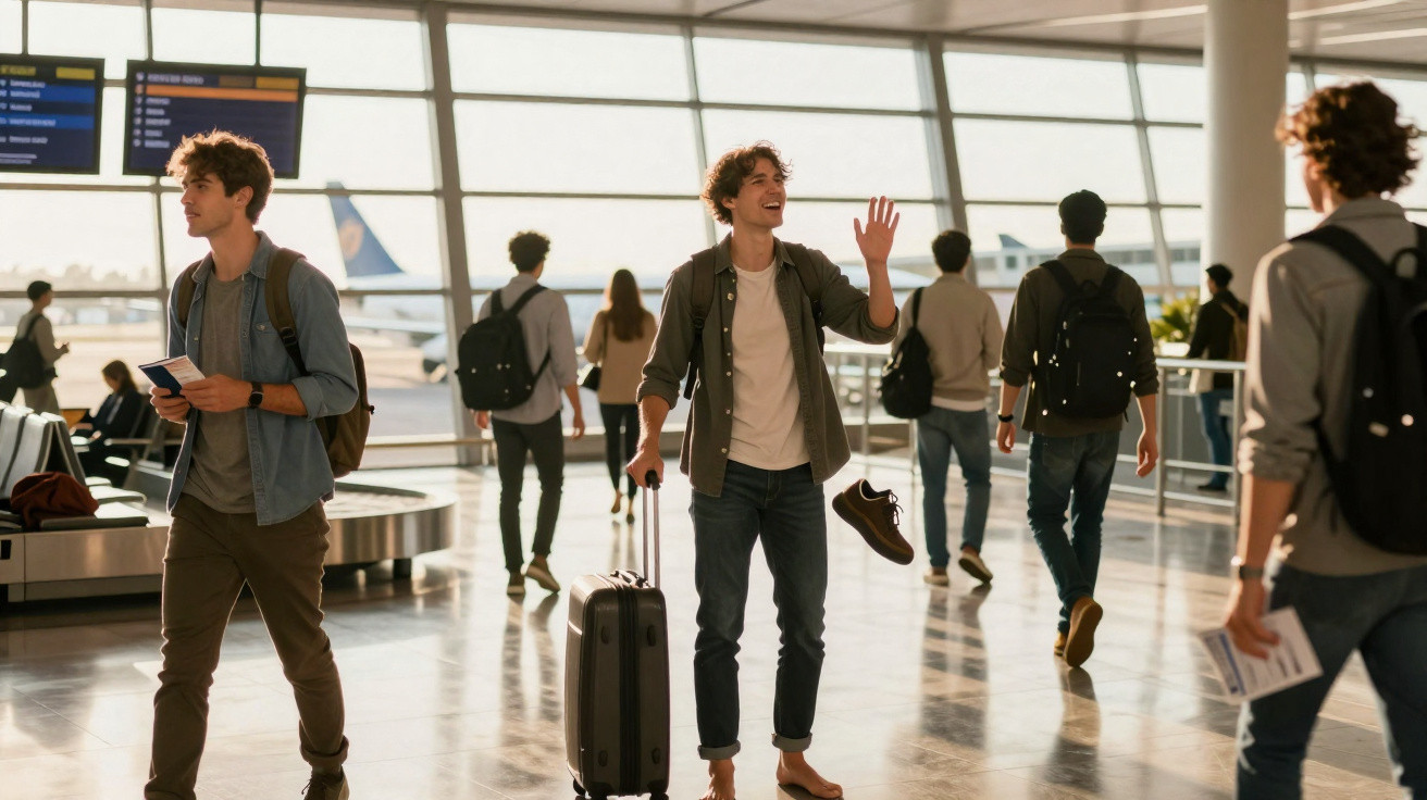 Jeunes voyageurs se retrouvent à l'aéroport avec valises et sacs à dos, ambiance légère et joyeuse.