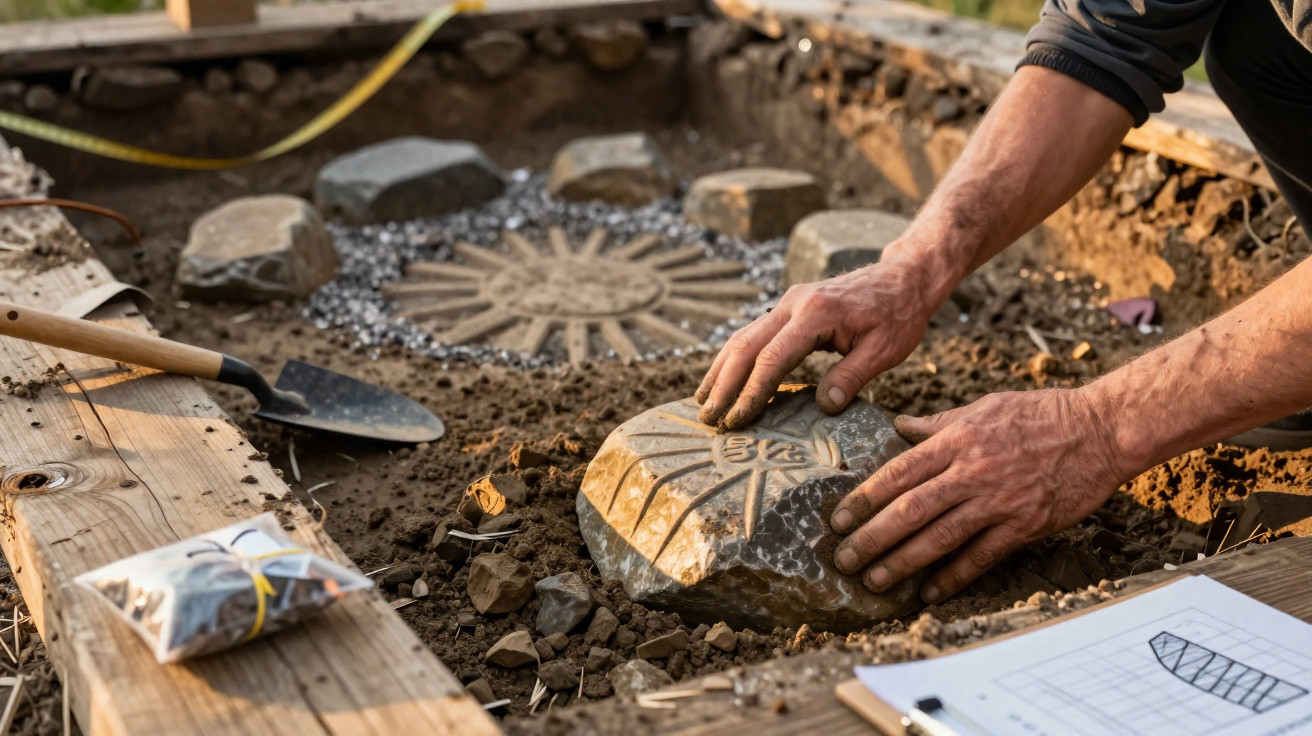 Deux mains posent une pierre gravée dans un cercle en construction avec des outils et un plan à côté.