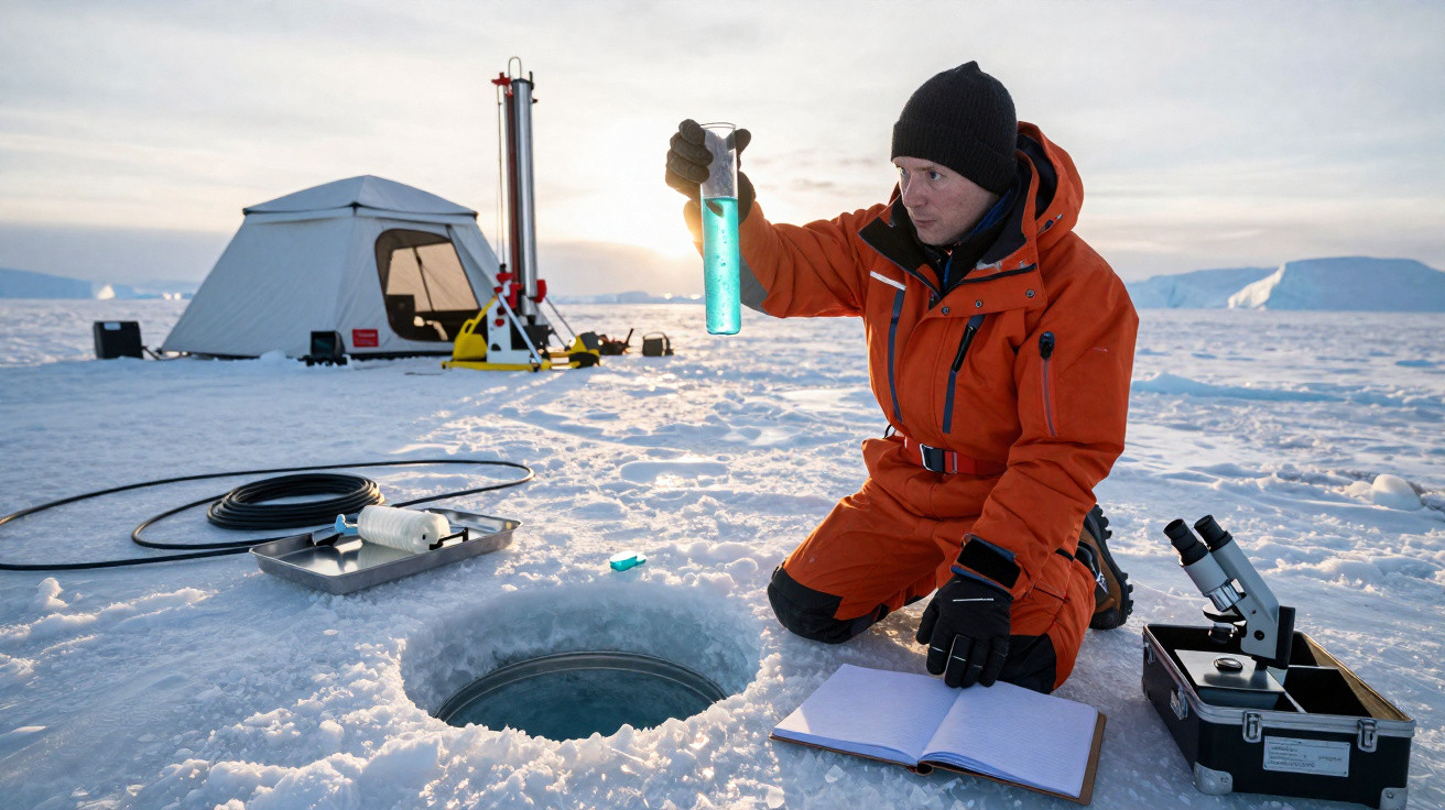 Chercheur en combinaison orange examinant un échantillon d'eau polaire près d'un trou dans la glace avec matériel scientifiqu