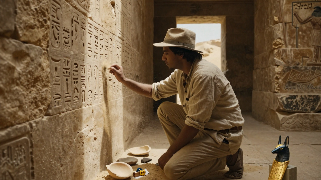 Un archéologue examine des hiéroglyphes gravés sur un mur dans un temple ancien égyptien.