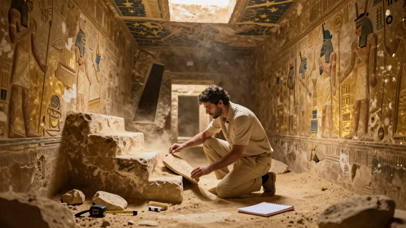 Archéologue explorant une tombe égyptienne ornée de hiéroglyphes, entouré de poussière et décombres.
