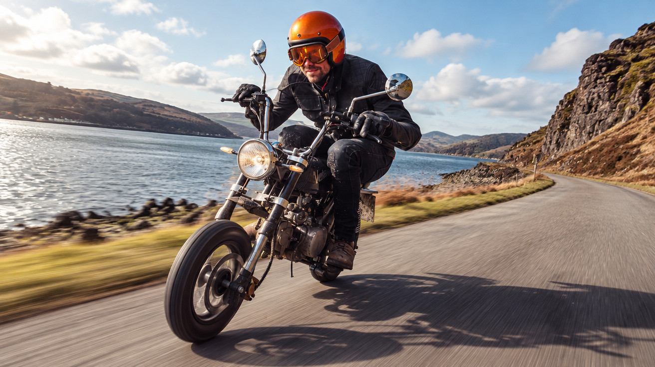 Homme en casque orange conduisant une petite moto sur une route le long d'un lac et de collines rocheuses.