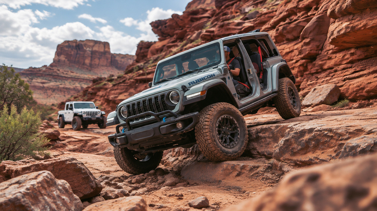 Deux Jeep Rubicon tout-terrain grimpant sur des rochers dans un paysage désertique rouge.