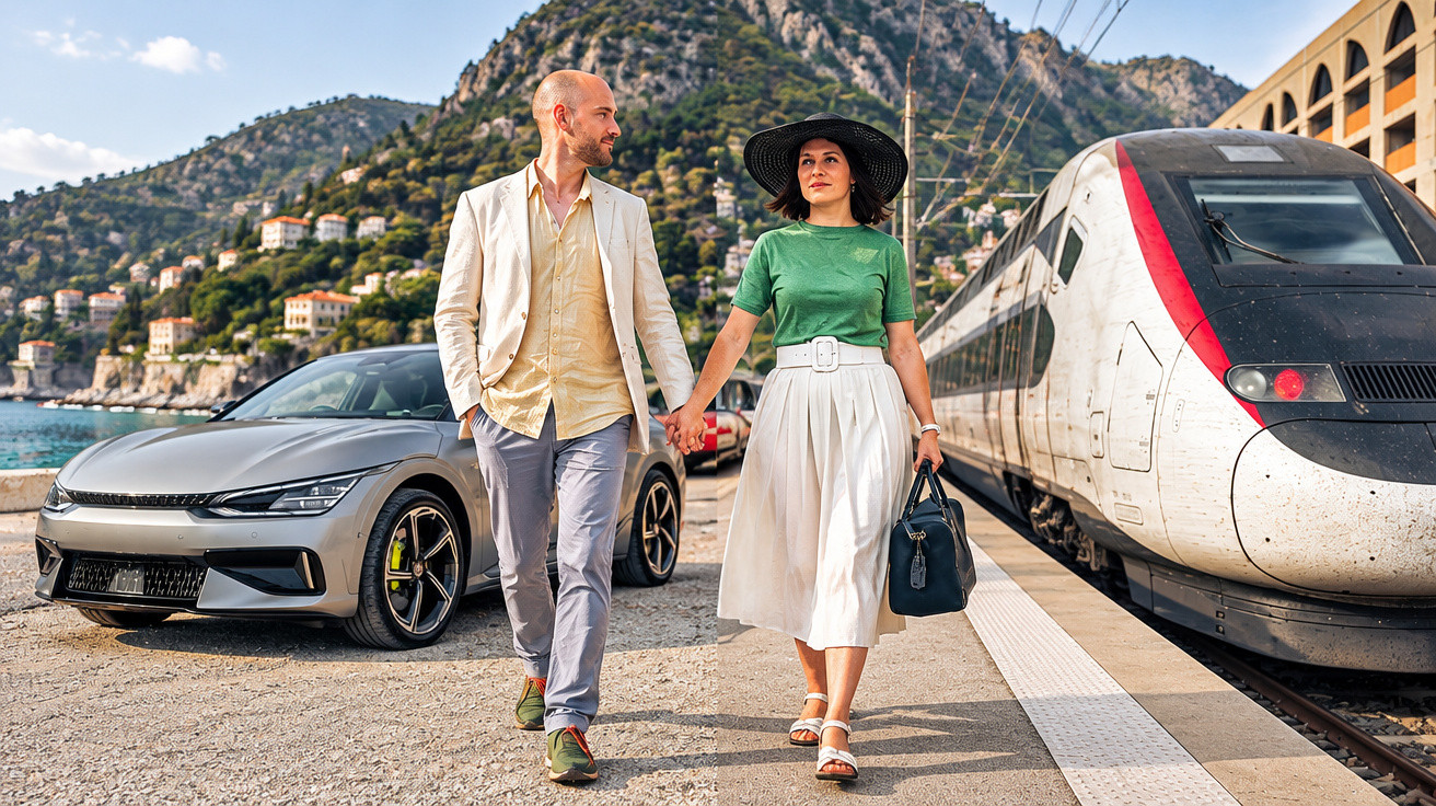 Un couple élégant main dans la main entre une voiture grise et un train à grande vitesse en bord de mer.